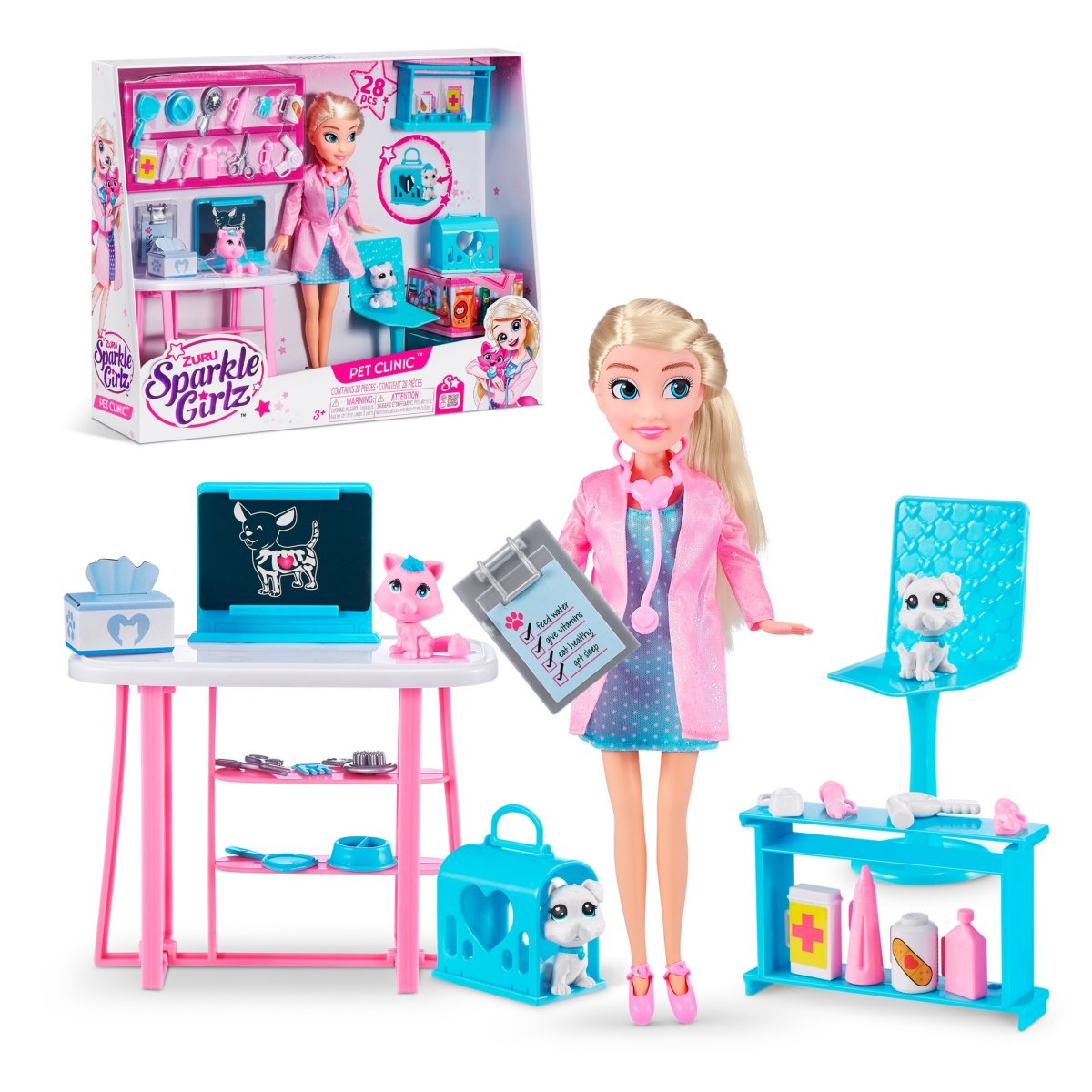 Playset Clinica Veterinaria Con Muñeca De 27 Cms, Mascotas Y Accesorios Sparkle Girlz De Zuru